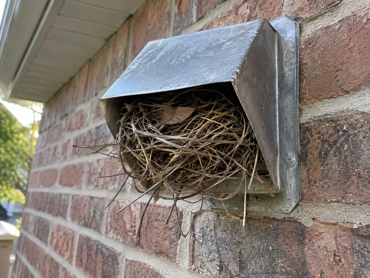 Bird nest fully blocking an exterior dryer vent hood